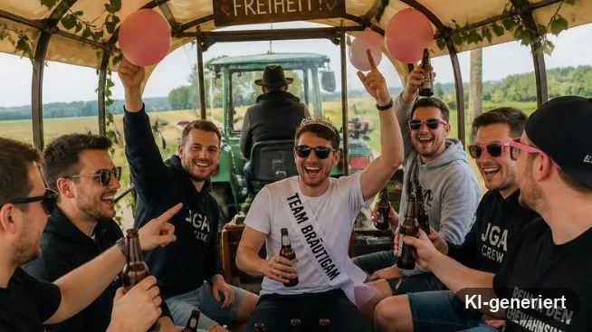 Gruppe stößt mit Bierflaschen im überdachten Planwagen an (KI-generiert)