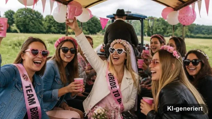 Gruppe feiert mit Wimpelketten und Luftballons im Planwagen (KI-generiert)